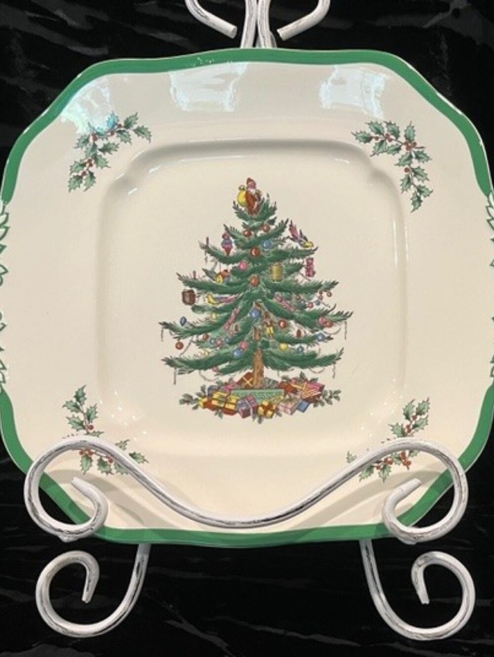 Vintage 1977 Spode England Christmas Tree Square Handled Cake Plate/Platter